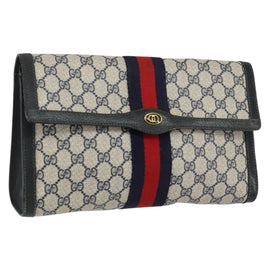 GUCCI GG Supreme Sherry Line Clutch Bag PVC Navy Red 84 01 007 Auth 153350