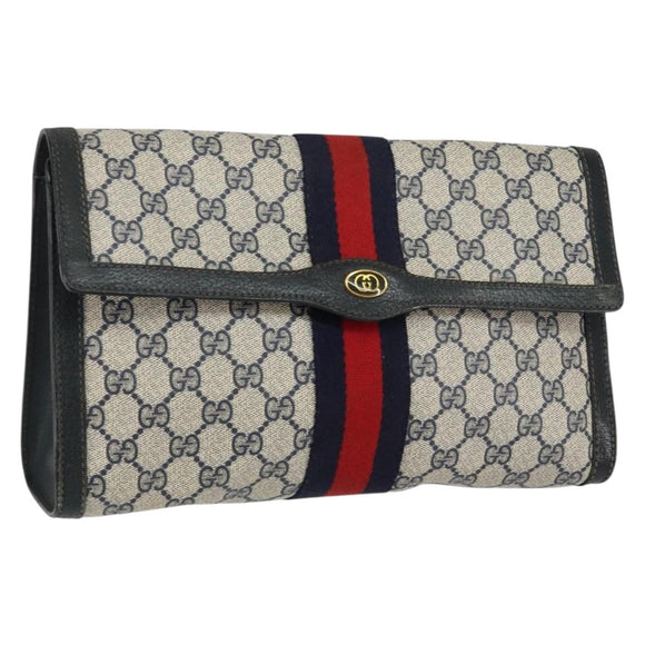 GUCCI GG Supreme Sherry Line Clutch Bag PVC Navy Red 84 01 007 Auth 153350