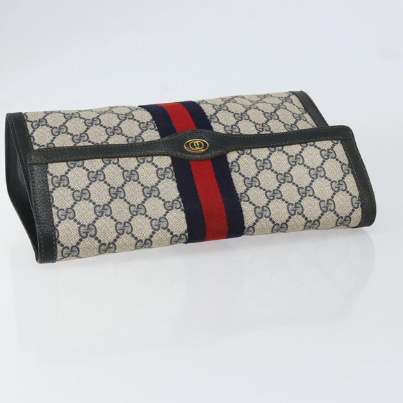 GUCCI GG Supreme Sherry Line Clutch Bag PVC Navy Red 84 01 007 Auth 153350