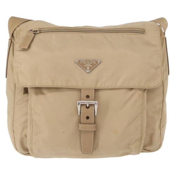 PRADA Shoulder Bag Nylon Beige Silver Auth 153352