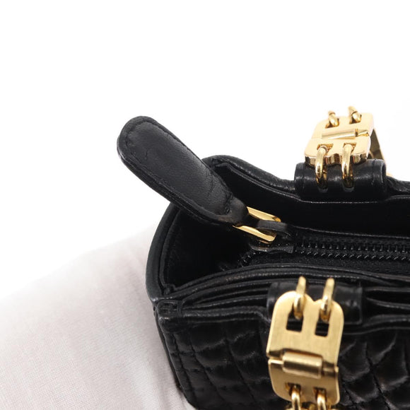 BALLY Quilted Shoulder Bag Leather Black Gold Auth 153353