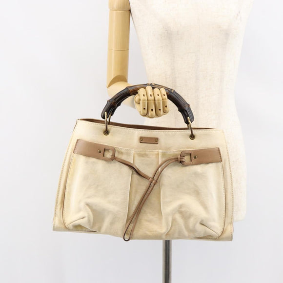 GUCCI Bamboo Hand Bag Canvas Ivory Gold 109138 Auth 153356