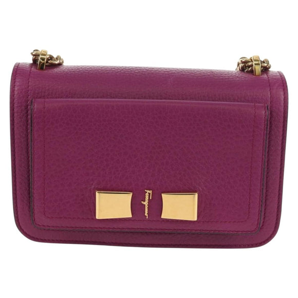 Salvatore Ferragamo Chain Gancini Shoulder Bag Leather Purple Gold Auth 153364V