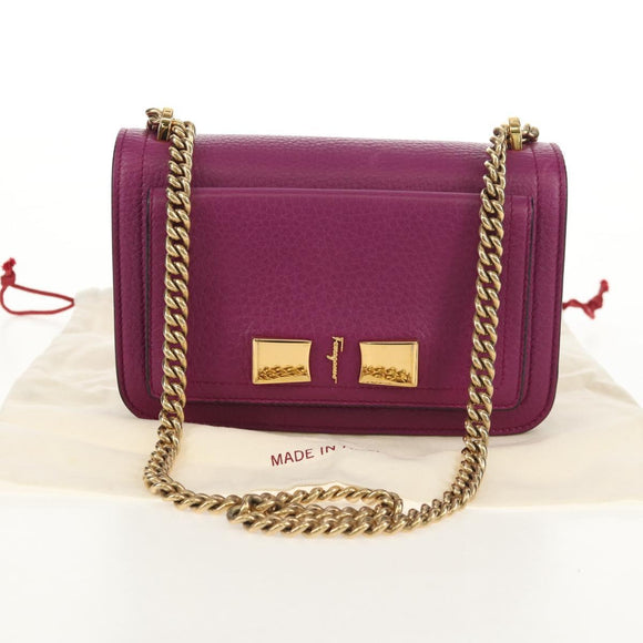 Salvatore Ferragamo Chain Gancini Shoulder Bag Leather Purple Gold Auth 153364V
