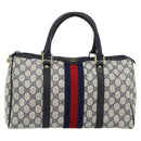 GUCCI GG Supreme Sherry Line Boston Bag PVC Navy Gold Red Auth 153368-2