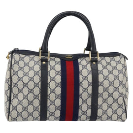 GUCCI GG Supreme Sherry Line Boston Bag PVC Navy Gold Red Auth 153368 - 0