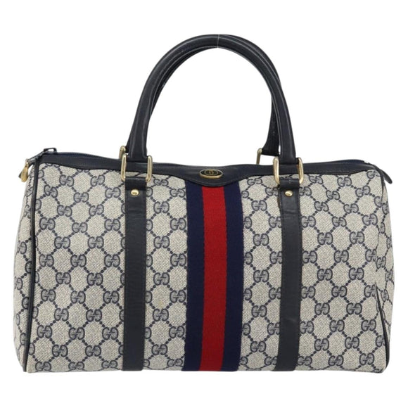 GUCCI GG Supreme Sherry Line Boston Bag PVC Navy Gold Red Auth 153368