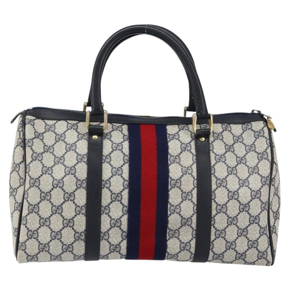 GUCCI GG Supreme Sherry Line Boston Bag PVC Navy Gold Red Auth 153368