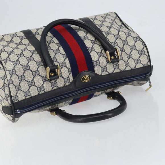GUCCI GG Supreme Sherry Line Boston Bag PVC Navy Gold Red Auth 153368