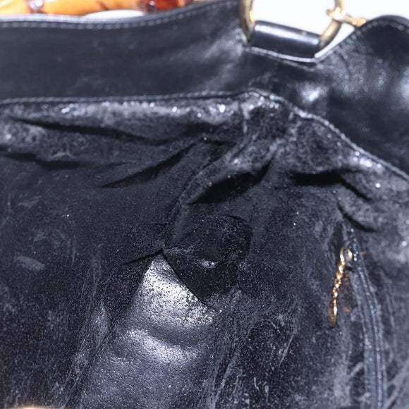 GUCCI Bamboo Hand Bag Leather 2way Black Gold 001 1998 1638 Auth 153369