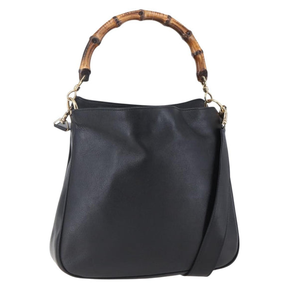 GUCCI Bamboo Hand Bag Leather 2way Black Gold 001 1998 1638 Auth 153369