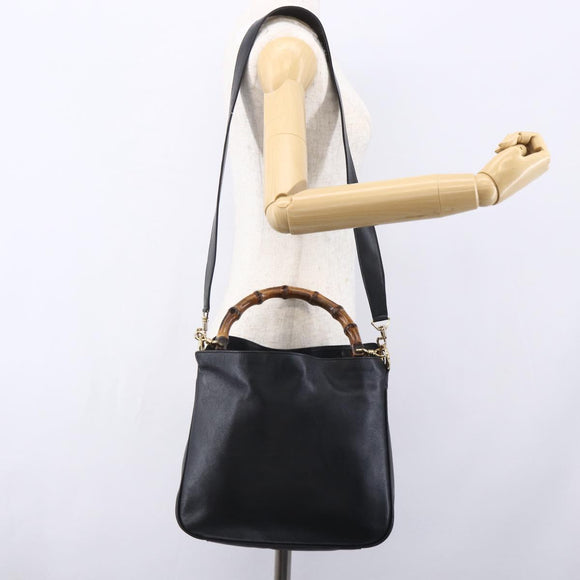 GUCCI Bamboo Hand Bag Leather 2way Black Gold 001 1998 1638 Auth 153369