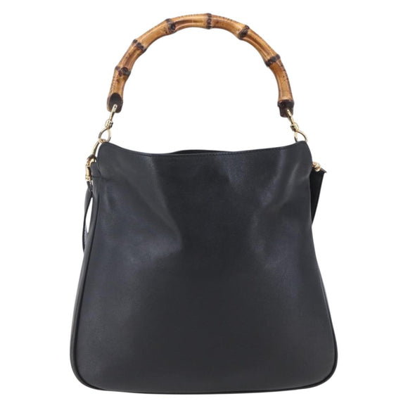 GUCCI Bamboo Hand Bag Leather 2way Black Gold 001 1998 1638 Auth 153369