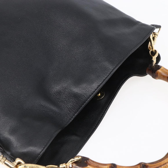 GUCCI Bamboo Hand Bag Leather 2way Black Gold 001 1998 1638 Auth 153369