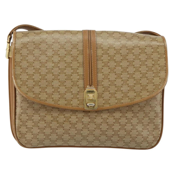 CELINE Macadam Canvas Shoulder Bag PVC Leather Beige Gold Auth 153390