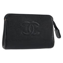 CHANEL COCO Mark Pouch Caviar Skin Black Gold CC Auth 153420-1