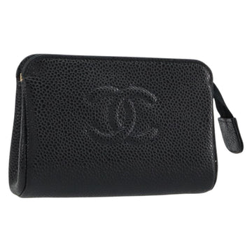 CHANEL COCO Mark Pouch Caviar Skin Black Gold CC Auth 153420