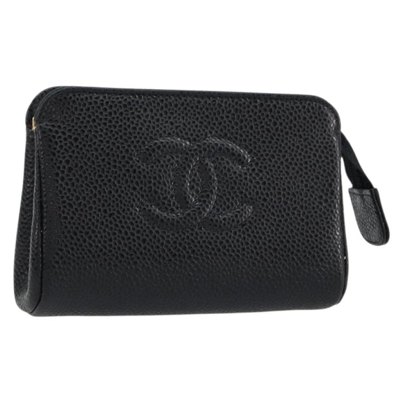 CHANEL COCO Mark Pouch Caviar Skin Black Gold CC Auth 153420