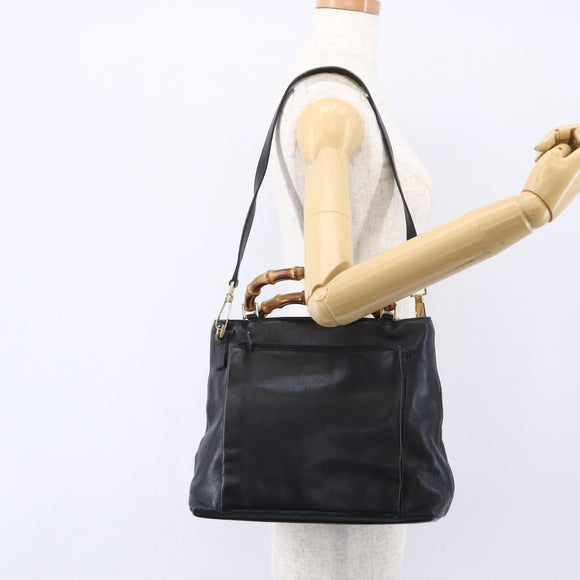 GUCCI Bamboo Hand Bag Leather 2way Black Gold 002 2058 0508 0 Auth 153437