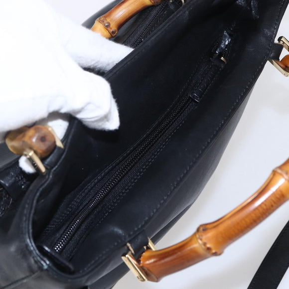 GUCCI Bamboo Hand Bag Leather 2way Black Gold 002 2058 0508 0 Auth 153437