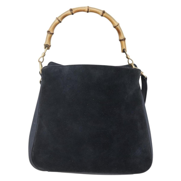 GUCCI Bamboo Hand Bag Suede 2way Navy Gold Auth 153438