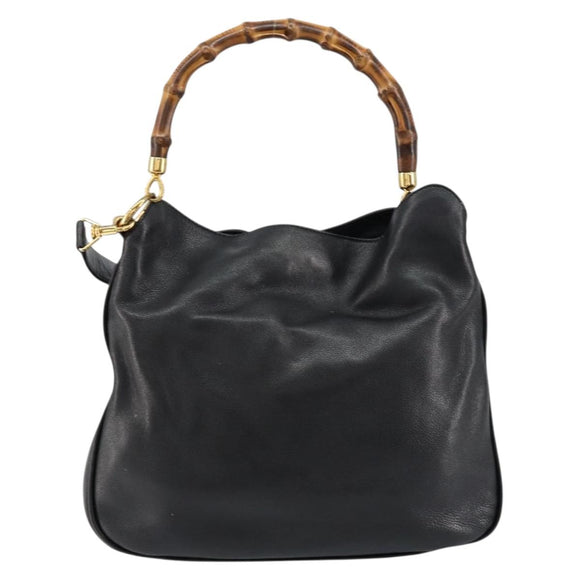 GUCCI Bamboo Hand Bag Leather 2way Black Gold 001 14 1638 Auth 153439