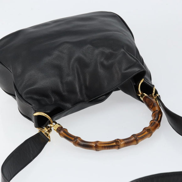 GUCCI Bamboo Hand Bag Leather 2way Black Gold 001 14 1638 Auth 153439