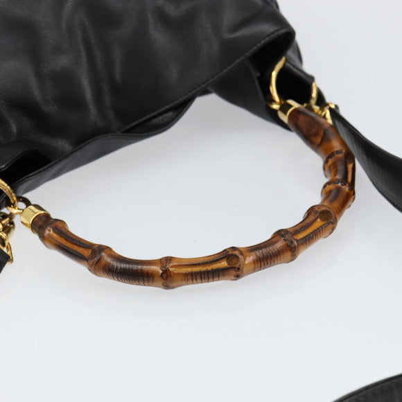 GUCCI Bamboo Hand Bag Leather 2way Black Gold 001 14 1638 Auth 153439