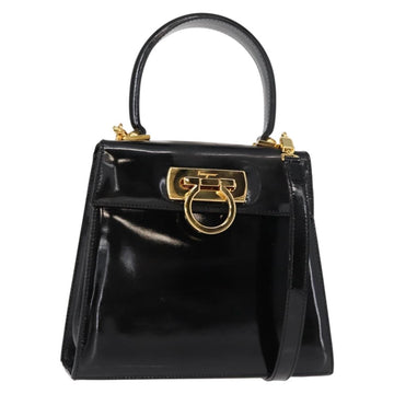 Salvatore Ferragamo Gancini Hand Bag Enamel 2way Black Gold Auth 153460