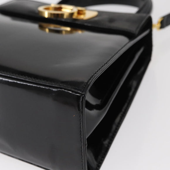 Salvatore Ferragamo Gancini Hand Bag Enamel 2way Black Gold Auth 153460