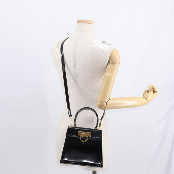 Salvatore Ferragamo Gancini Hand Bag Enamel 2way Black Gold Auth 153460