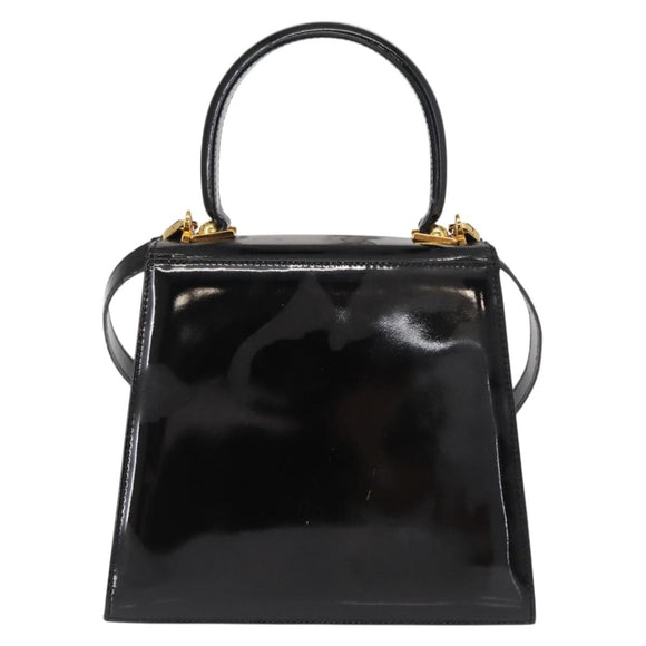 Salvatore Ferragamo Gancini Hand Bag Enamel 2way Black Gold Auth 153460