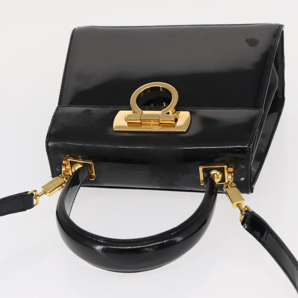 Salvatore Ferragamo Gancini Hand Bag Enamel 2way Black Gold Auth 153460