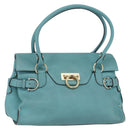 Salvatore Ferragamo Gancini Tote Bag Leer Turkoois Blauw Auth 153461-1