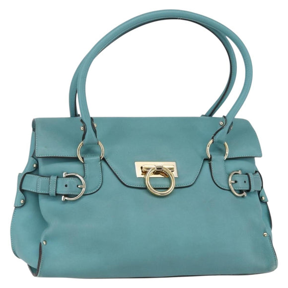 Salvatore Ferragamo Gancini Tote Bag Leer Turkoois Blauw Auth 153461