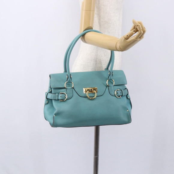 Salvatore Ferragamo Gancini Tote Bag Leer Turkoois Blauw Auth 153461