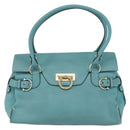 Salvatore Ferragamo Gancini Tote Bag Leer Turkoois Blauw Auth 153461-13