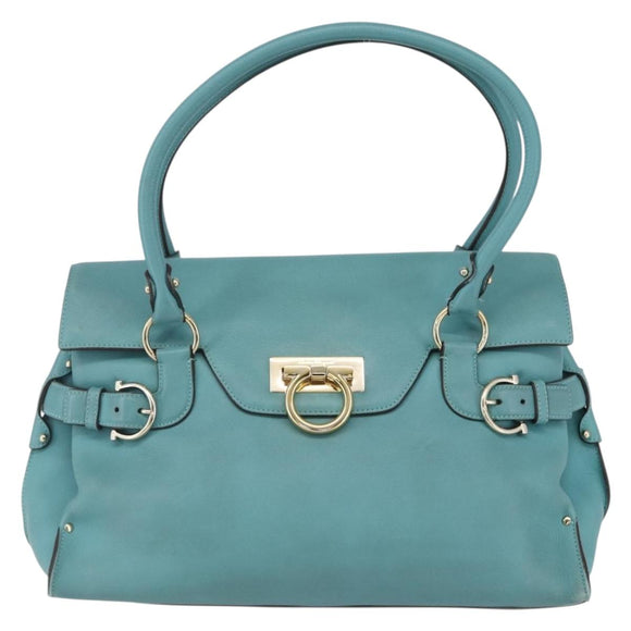 Salvatore Ferragamo Gancini Tote Bag Leer Turkoois Blauw Auth 153461