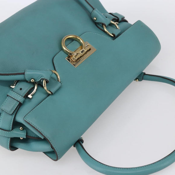 Salvatore Ferragamo Gancini Tote Bag Leer Turkoois Blauw Auth 153461