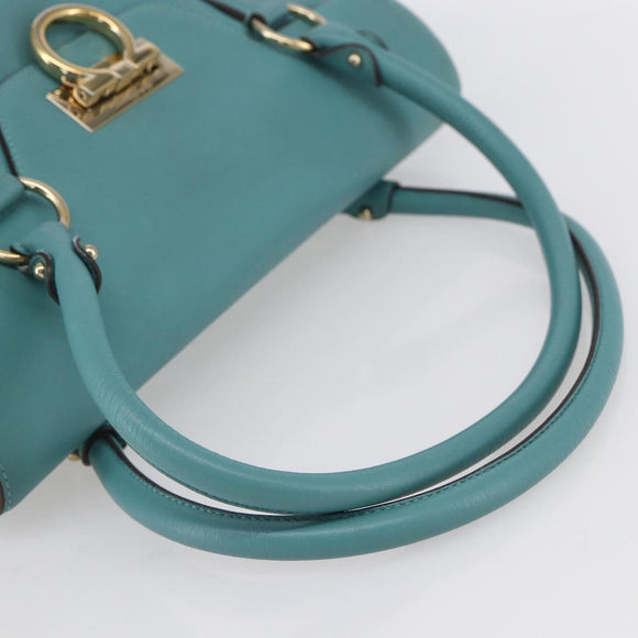 Salvatore Ferragamo Gancini Tote Bag Leer Turkoois Blauw Auth 153461