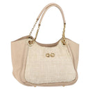 Salvatore Ferragamo Gancini Tote Bag Tweed Suede Beige Gold Auth 153464-1