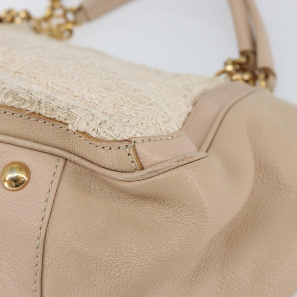 Salvatore Ferragamo Gancini Tote Bag Tweed Suede Beige Gold Auth 153464