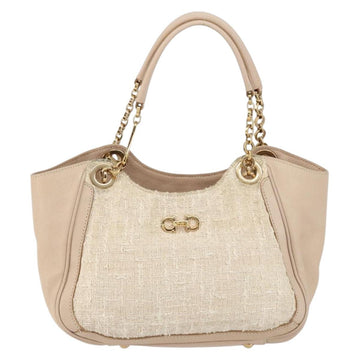 Salvatore Ferragamo Gancini Tote Bag Tweed Suede Beige Gold Auth 153464 - 0