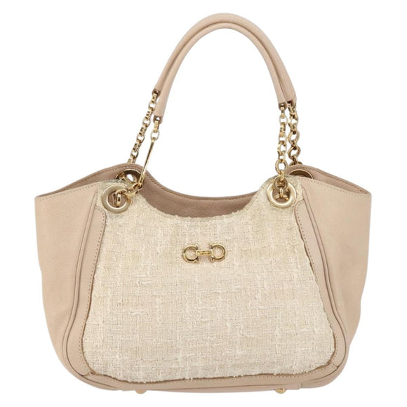 Salvatore Ferragamo Gancini Tote Bag Tweed Suede Beige Gold Auth 153464