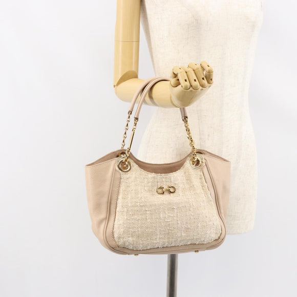 Salvatore Ferragamo Gancini Tote Bag Tweed Suede Beige Gold Auth 153464