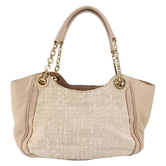 Salvatore Ferragamo Gancini Tote Bag Tweed Suede Beige Gold Auth 153464