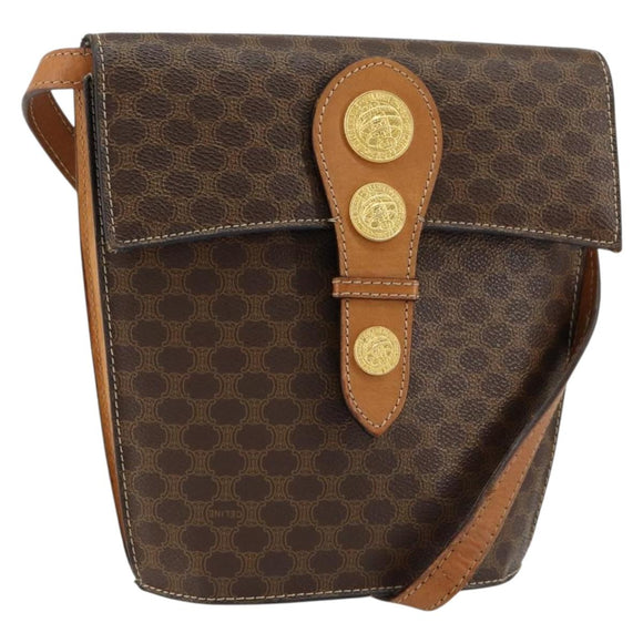CELINE Macadam Canvas Medallion Shoulder Bag PVC Leather Brown Gold Auth 153467