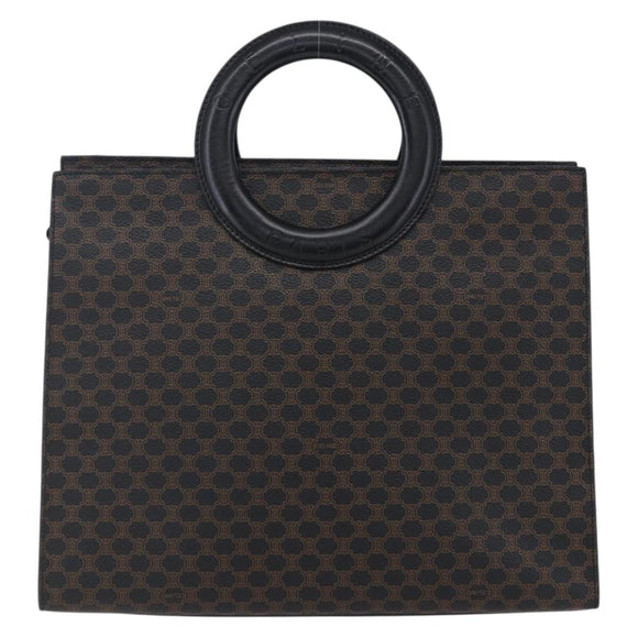 CELINE Macadam Canvas Circle Hand Bag PVC Leather Black Gold Auth 153472