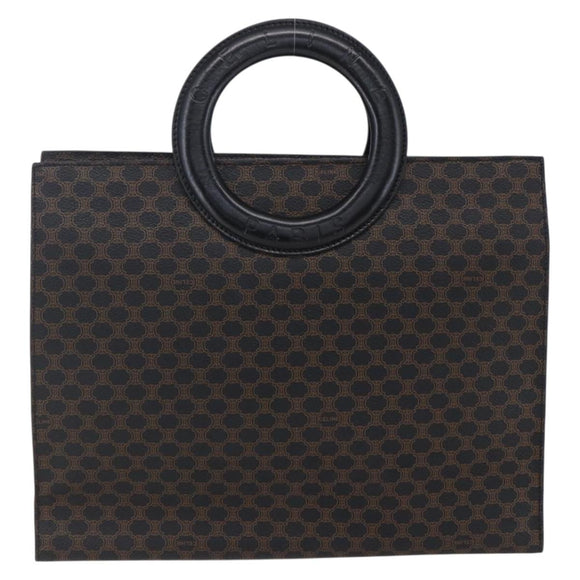 CELINE Macadam Canvas Circle Hand Bag PVC Leather Black Gold Auth 153472
