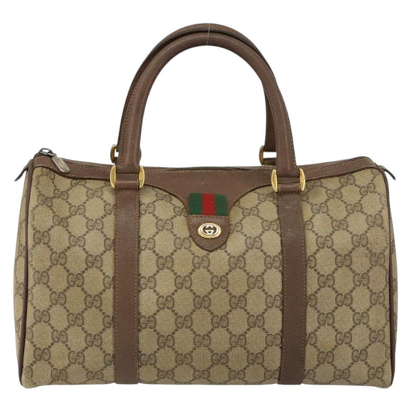 GUCCI GG Supreme Web Sherry Line Boston Bag PVC Beige Gold 40 02 007 Auth 153479